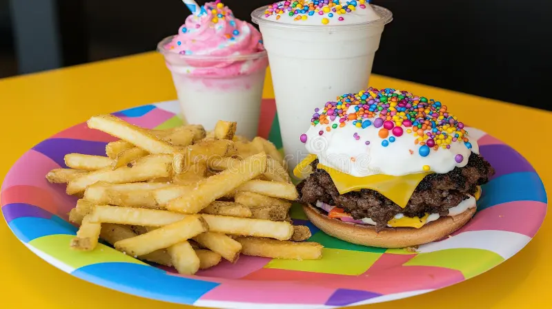 hamburguesa-arcoíris-patatas-fritas-batidos-virutas-de-colores-diner-368945726