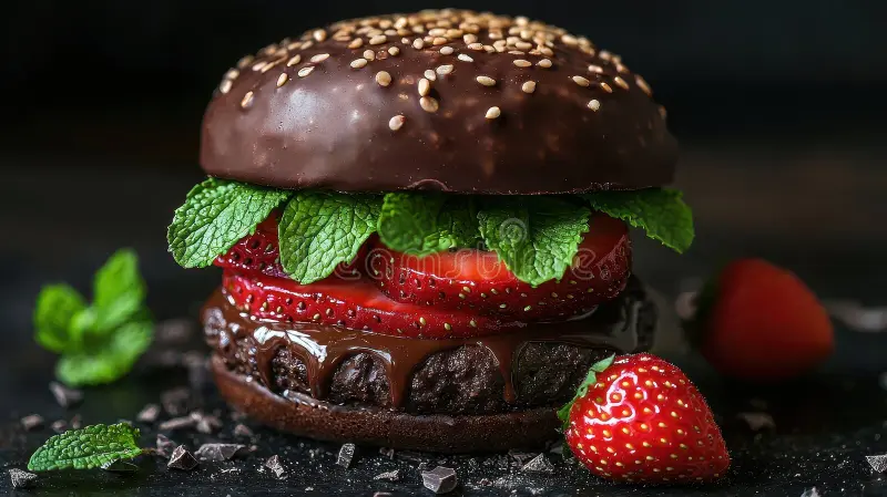 hamburguesa-de-chocolate-con-fresas-y-adorno-menta-358376978